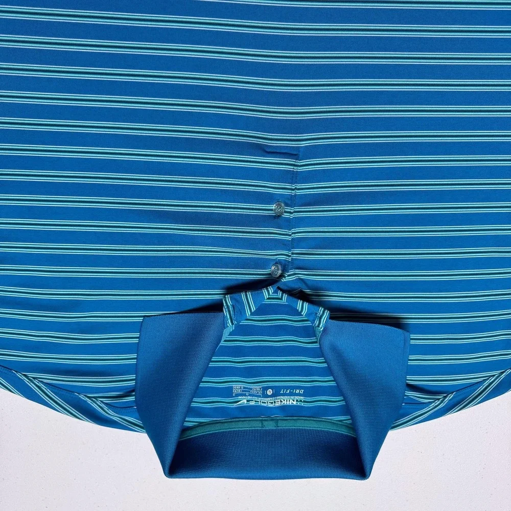 Nike Golf Polo Shirt Mens Large Blue‎ Striped Dri-FIT Stretch Performance Swoosh